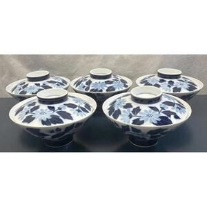 Japanese Blue And White Porcelain 5 Rice Bowls With 5 Lids Vintage Arita Ware?